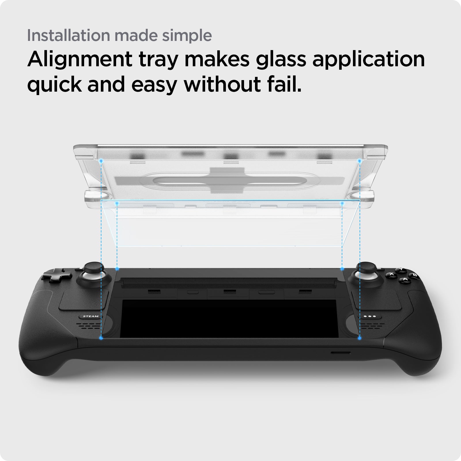 AGL05600 - Steam Deck Screen Protector EZ FIT GLAS.tR showing the  installation made simple. Alignment tray makes glass application quick and easy without fail