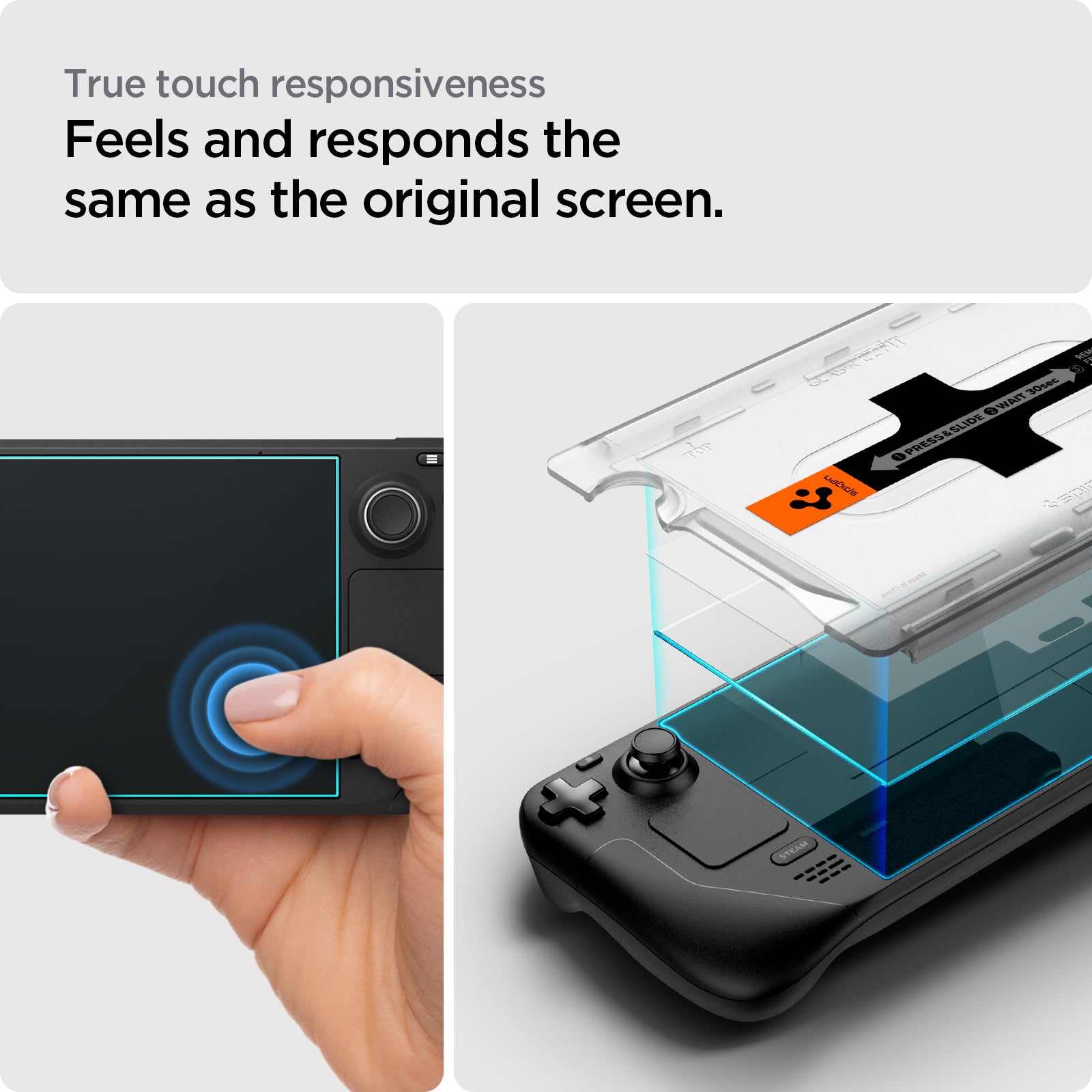 AGL05600 - Steam Deck Screen Protector EZ FIT GLAS.tR showing the  true touch responsiveness. Feel and responds the same as the original screen