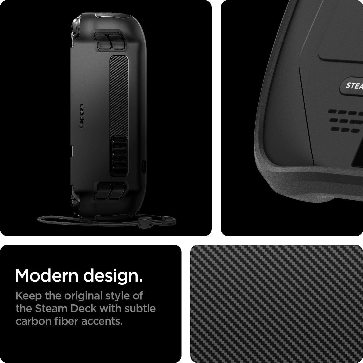 ACS03730 - Steam Deck Case Rugged Armor in matte black showing the modern design. Keep the original style of the Steam Deck with subtle carbon fiber accents