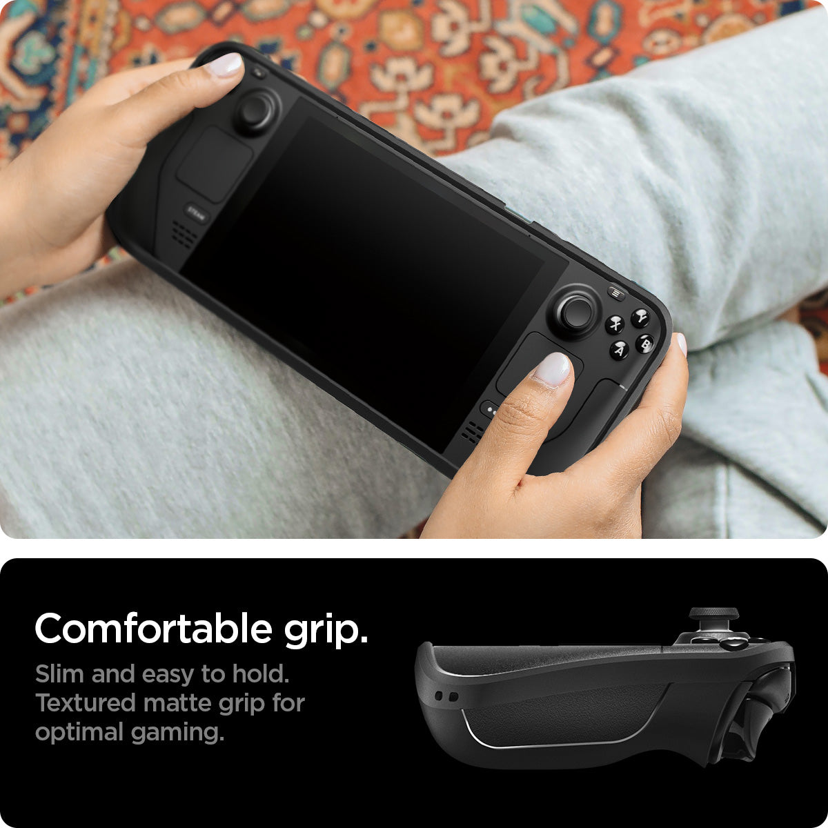 ACS03730 - Steam Deck Case Rugged Armor in matte black showing the comfortable grip. Slim and easy to hold. Textured matte grip for optimal gaming