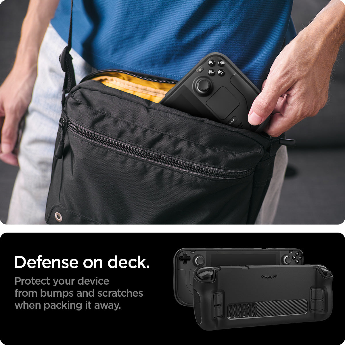 ACS03730 - Steam Deck Case Rugged Armor in matte black showing the defense on deck, Protect your device from bumps and scratches when packing it away