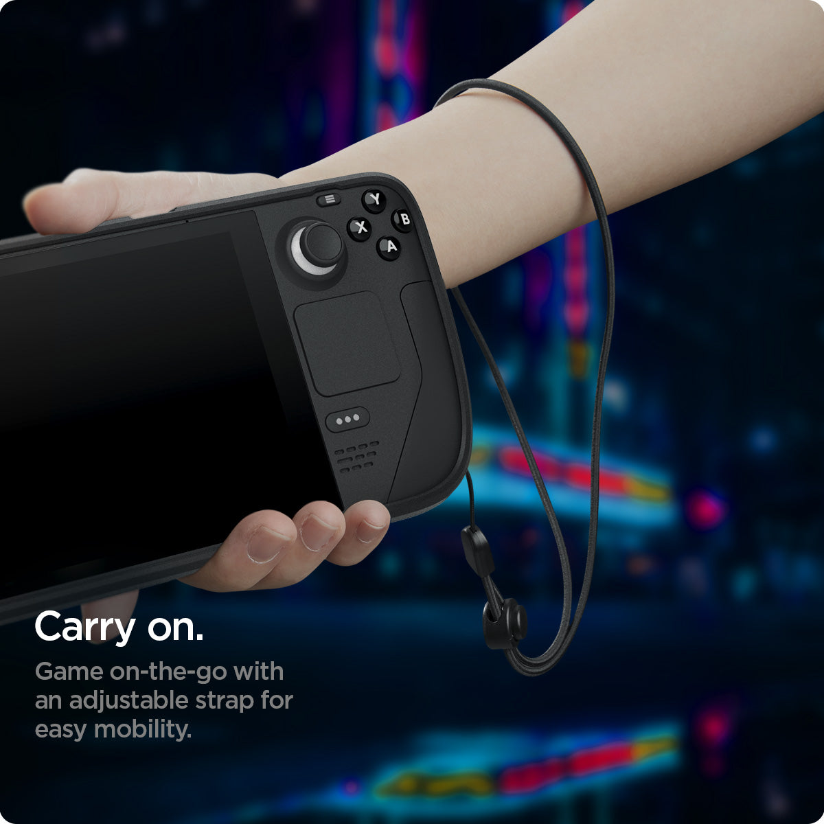ACS03730 - Steam Deck Case Rugged Armor in matte black showing the easy carry on. Game on-the-go with ad adjustable strap for easy mobility