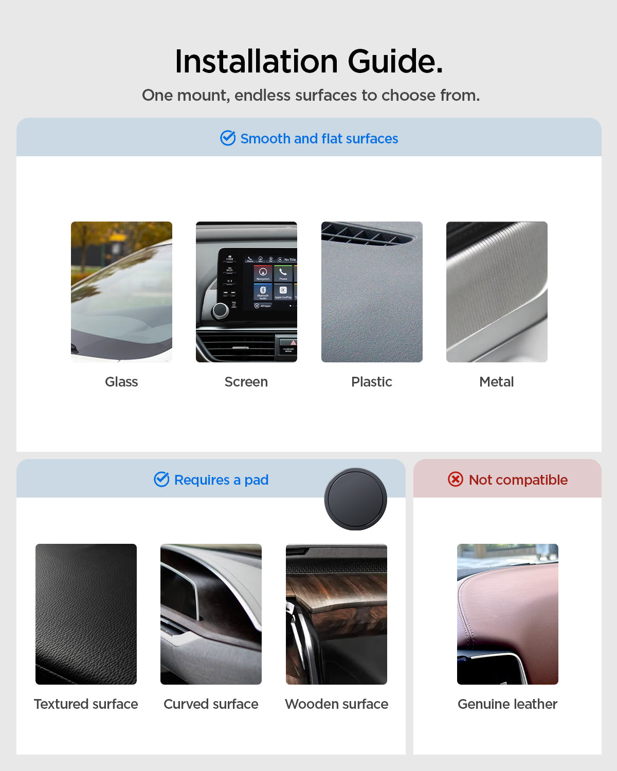 ACP11667 - STIK Dashboard Car Mount | STK100 (Mag Fit) showing an installation guide listing compatible and incompatible dashboard surfaces
