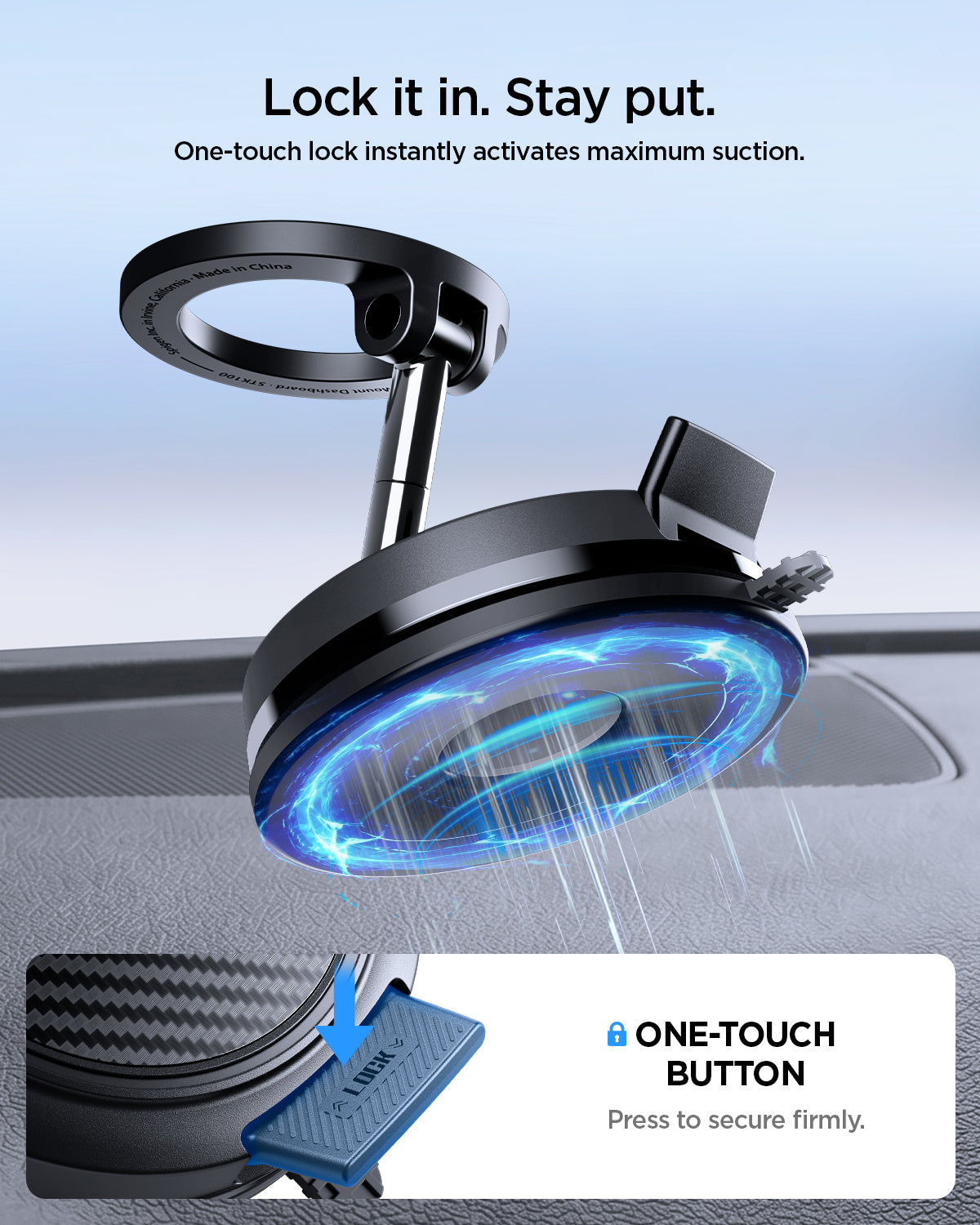 ACP11667 - STIK Dashboard Car Mount | STK100 (Mag Fit) showing the lock button activating suction to secure the mount in place