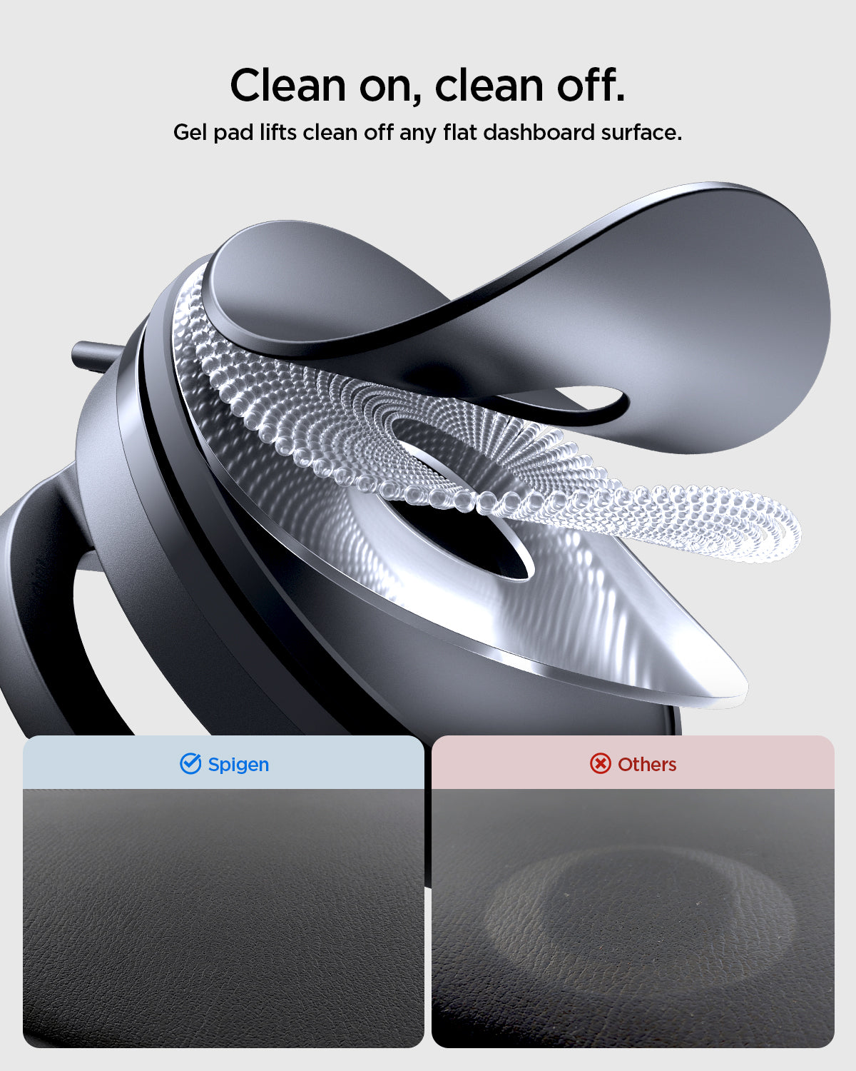 ACP11667 - STIK Dashboard Car Mount | STK100 (Mag Fit) showing a comparison of the gel pad leaving no residue versus other pads
