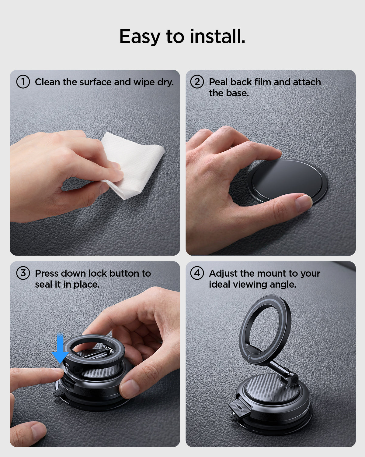 ACP11667 - STIK Dashboard Car Mount | STK100 (Mag Fit) showing a four-step guide for cleaning, attaching, locking, and adjusting the mount