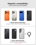 ACP11667 - STIK Dashboard Car Mount | STK100 (Mag Fit) showing a compatibility chart for phones and cases with and without a metal ring