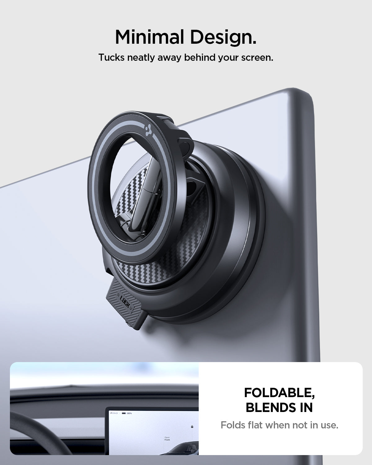ACP11657 - Spigen MagSafe car mount folded flat and tucked behind a Tesla display screen