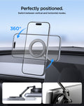 ACP11657 - iPhone on Spigen MagSafe mount rotating 360 degrees between vertical and horizontal positions on a car dashboard