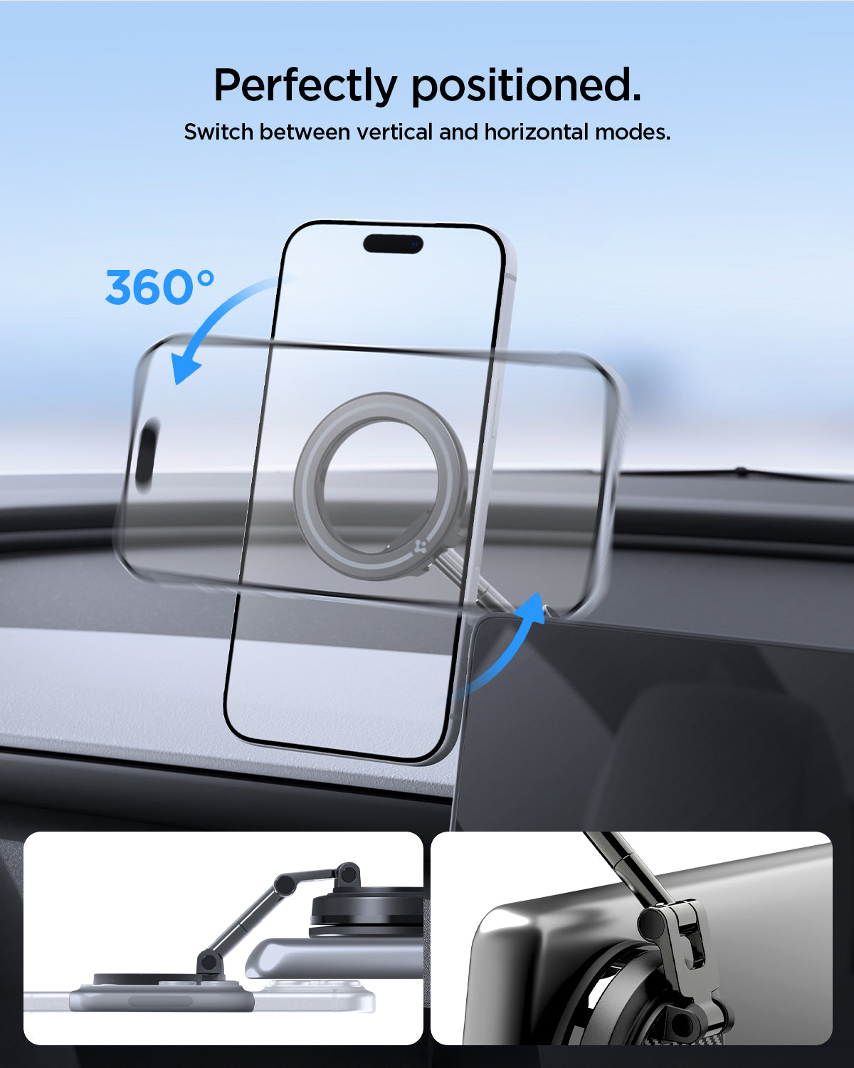 ACP11657 - iPhone on Spigen MagSafe mount rotating 360 degrees between vertical and horizontal positions on a car dashboard