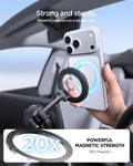 ACP11657 - iPhone held near Spigen MagSafe car mount showing magnetic connection graphic and 20x N52 magnet strength badge