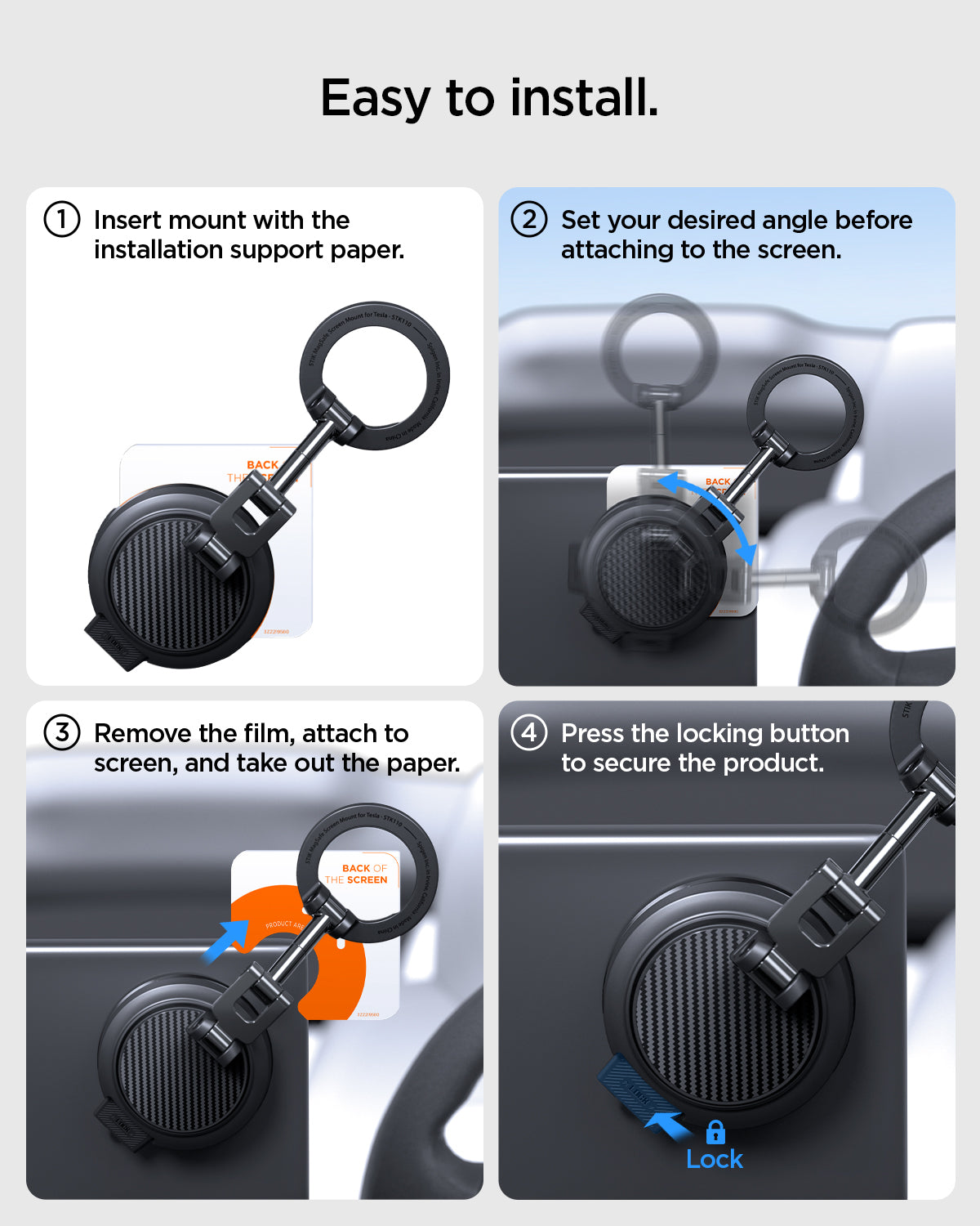 ACP11657 - Four-step installation guide for Spigen MagSafe Tesla screen mount: insert with support paper, set angle, attach to screen, press to lock