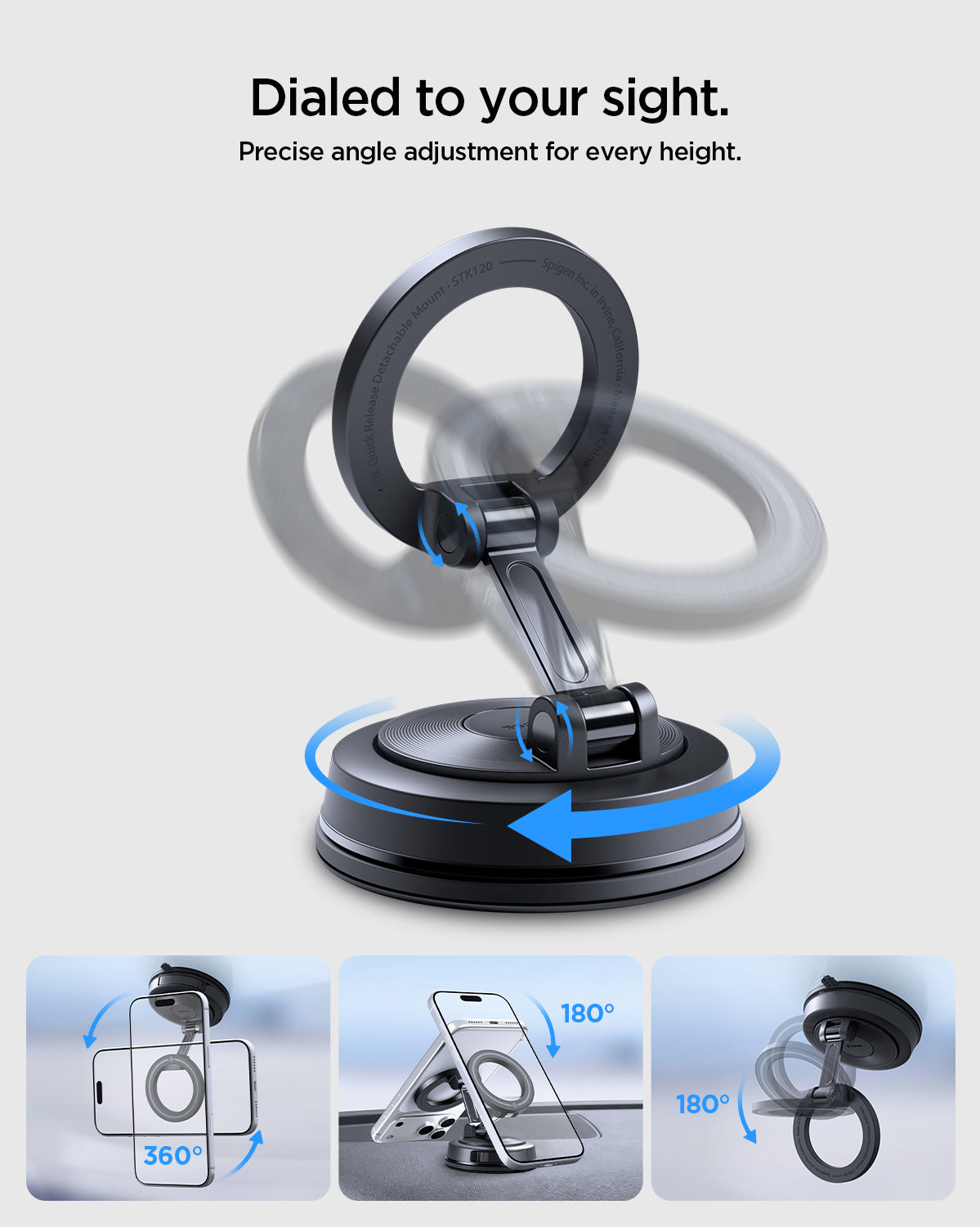 ACP11839 - Spigen STK120 mount ring and arm rotating for precise angle adjustment, with insets showing 360-degree phone rotation and 180-degree tilt