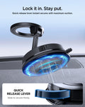 ACP11839 - Spigen STK120 mount base glowing blue to show maximum suction, with a close-up of the quick release lever used to lock it in place