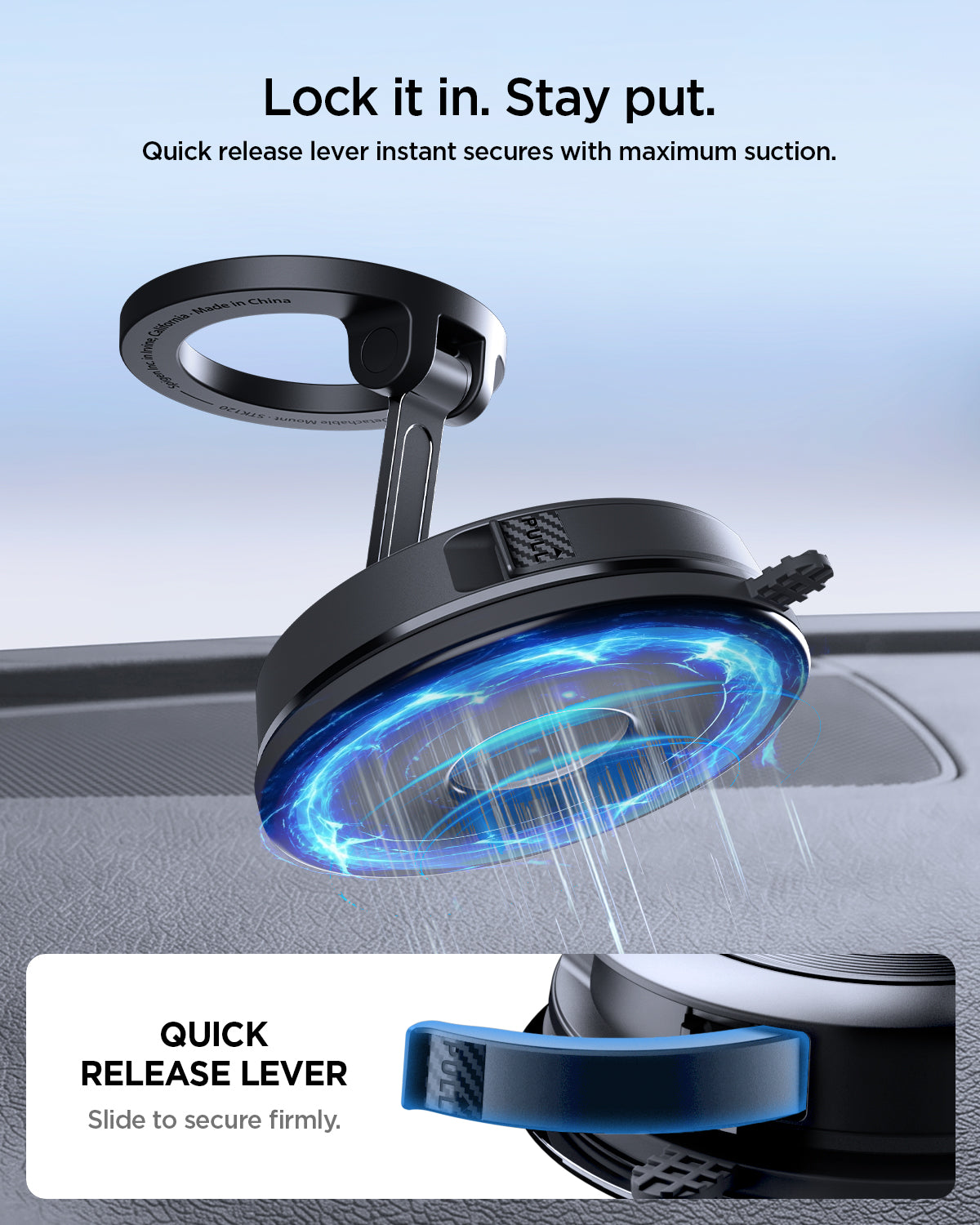 ACP11839 - Spigen STK120 mount base glowing blue to show maximum suction, with a close-up of the quick release lever used to lock it in place