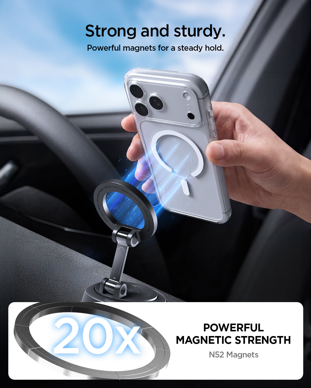 ACP11839 - iPhone attaching to the Spigen STK120 car mount, with a magnetic connection graphic and 20x N52 magnet strength badge