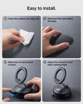 ACP11839 - Four-step installation guide for the Spigen STK120 mount: clean the surface, peel and attach the base, slide the lever to lock, and adjust the viewing angle