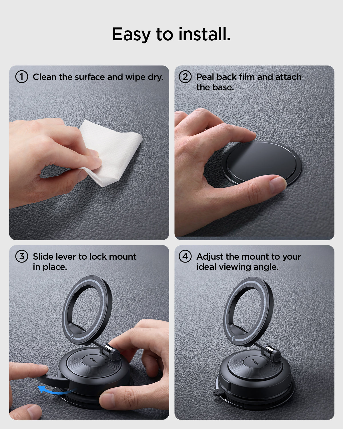 ACP11839 - Four-step installation guide for the Spigen STK120 mount: clean the surface, peel and attach the base, slide the lever to lock, and adjust the viewing angle
