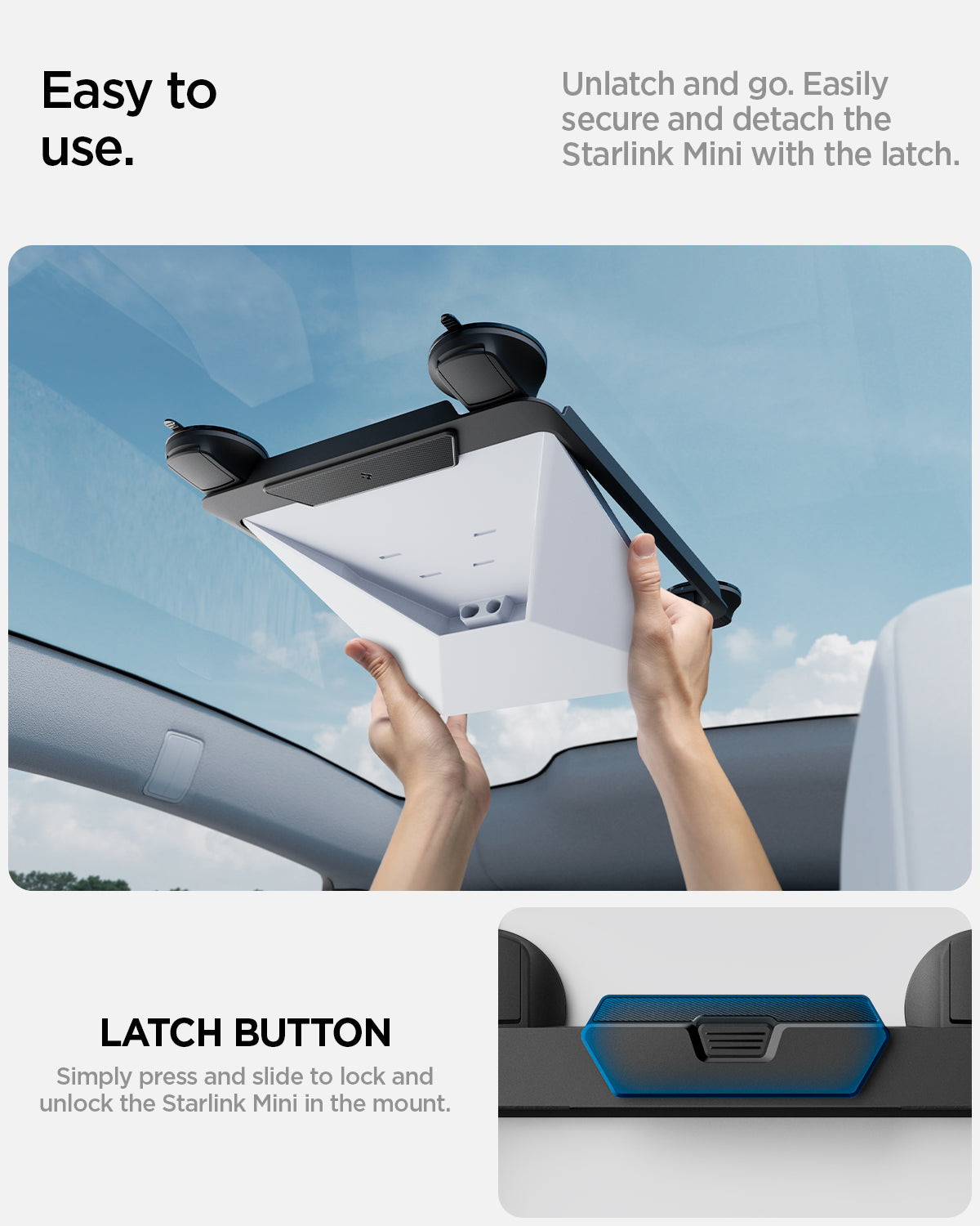 ACP09333 - Starlink Mini Car Mount STL100 showing easy to use. Latch button. Simply press and slide to lock and unlock starlink mini in the mount