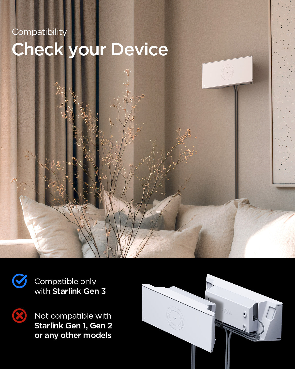 AMP09408 - Starlink Gen 3 Mount | STL310 in White showing the compatibility only with Starlink Gen 3. Not compatible with Starlink Gen 1, Gen 2 or any other models