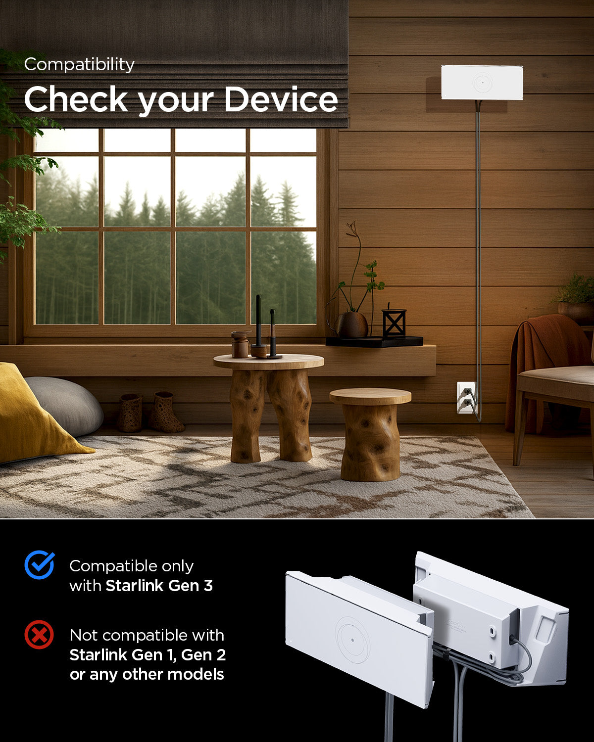 AMP09408 - Starlink Gen 3 Mount | STL310 in White showing the compatibility only with Starlink Gen 3. Not compatible with Starlink Gen 1, Gen 2 or any other models