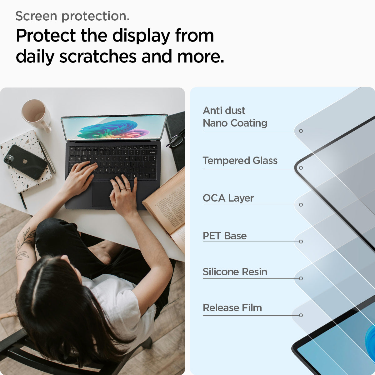 AGL08632 - Microsoft Surface Laptop 13.8-inch (2024) Glas.tR SLIM showing the screen protection, protect the display from daily scratches and more, anti dust nano coating, tempered glass, OCA layer, PET base, silicone resin and release film