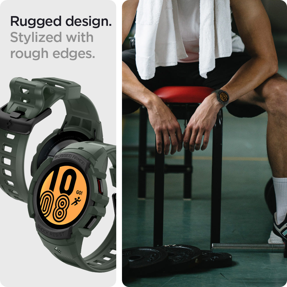 ACS04325 - Galaxy Watch 5/4 (44mm) Case Rugged Armor Pro in military green rugged design. stylized with rough edges.