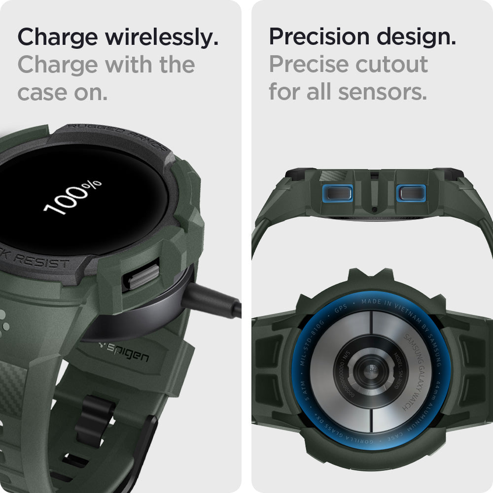 ACS04325 - Galaxy Watch 5/4 (44mm) Case Rugged Armor Pro in military green  charge wirelessly. Charge on with the case on. Precision design. Precise cutout for all sensors.