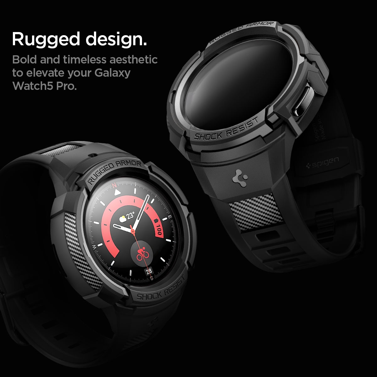 ACS05301 - Galaxy Watch 5 Pro (45mm) Case Rugged Armor Pro in black rugged design. bold and timeless aesthetic to elevate your galaxy watch5 pro.