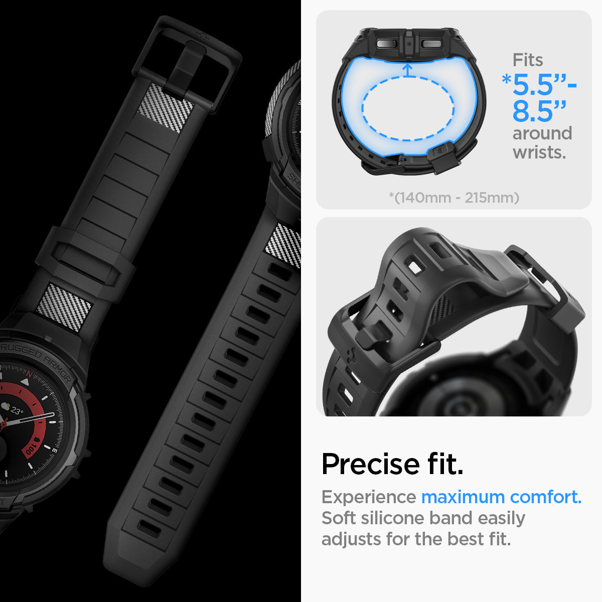 ACS05301 - Galaxy Watch 5 Pro (45mm) Case Rugged Armor Pro in black precise fit. Experience maximum comfort. soft silicone band easily adjusts for the best fit.