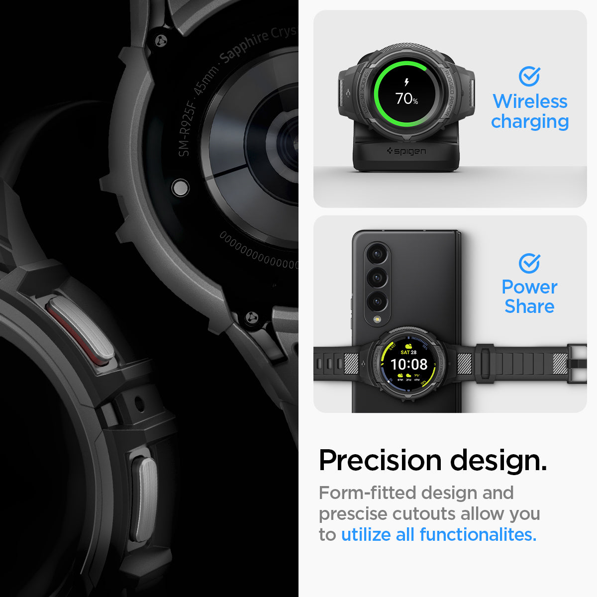 ACS05301 - Galaxy Watch 5 Pro (45mm) Case Rugged Armor Pro in black wireless charging. power share. precision design. Form fitted design and precise cutouts allow you to utilize all functionalites.