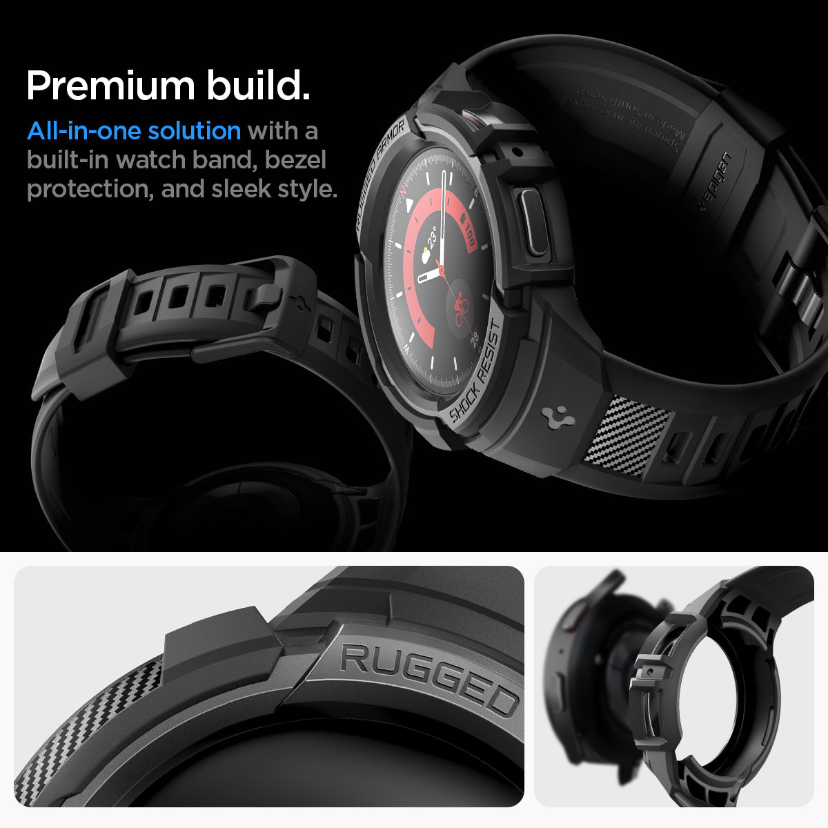 ACS05301 - Galaxy Watch 5 Pro (45mm) Case Rugged Armor Pro in black premium build. all in one solution with a built in watch band, bezel protection, and sleek style.