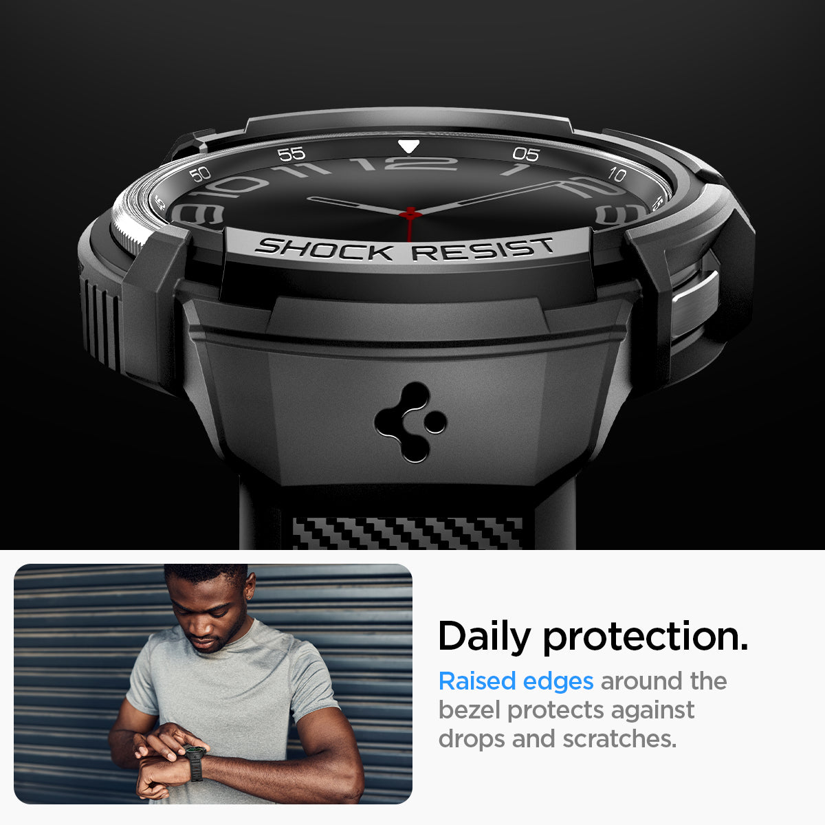 ACS06488 - Galaxy Watch 6 Classic (47mm) Case Rugged Armor Pro in black daily protection. raised edges around the bezels protects against drops and scratches.