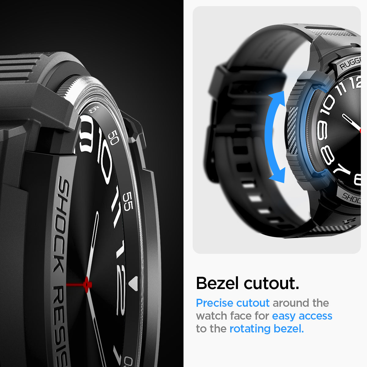 ACS06488 - Galaxy Watch 6 Classic (47mm) Case Rugged Armor Pro in black bezel cutout. precise cutout around the watch face for easy access to the rotating bezel.