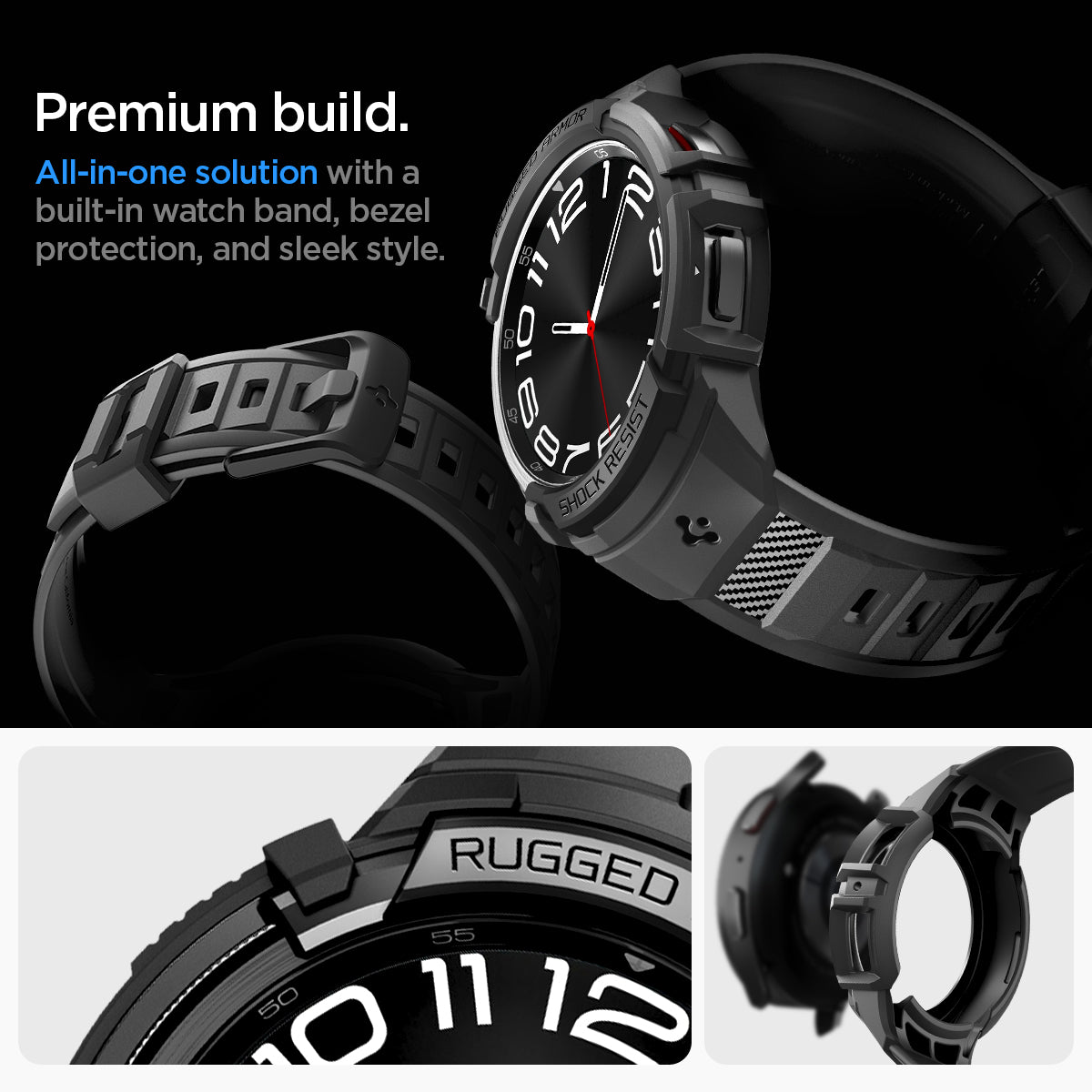 ACS06488 - Galaxy Watch 6 Classic (47mm) Case Rugged Armor Pro in black premium build. all in one solution with a built in watch band, bezel protection, and sleek style.