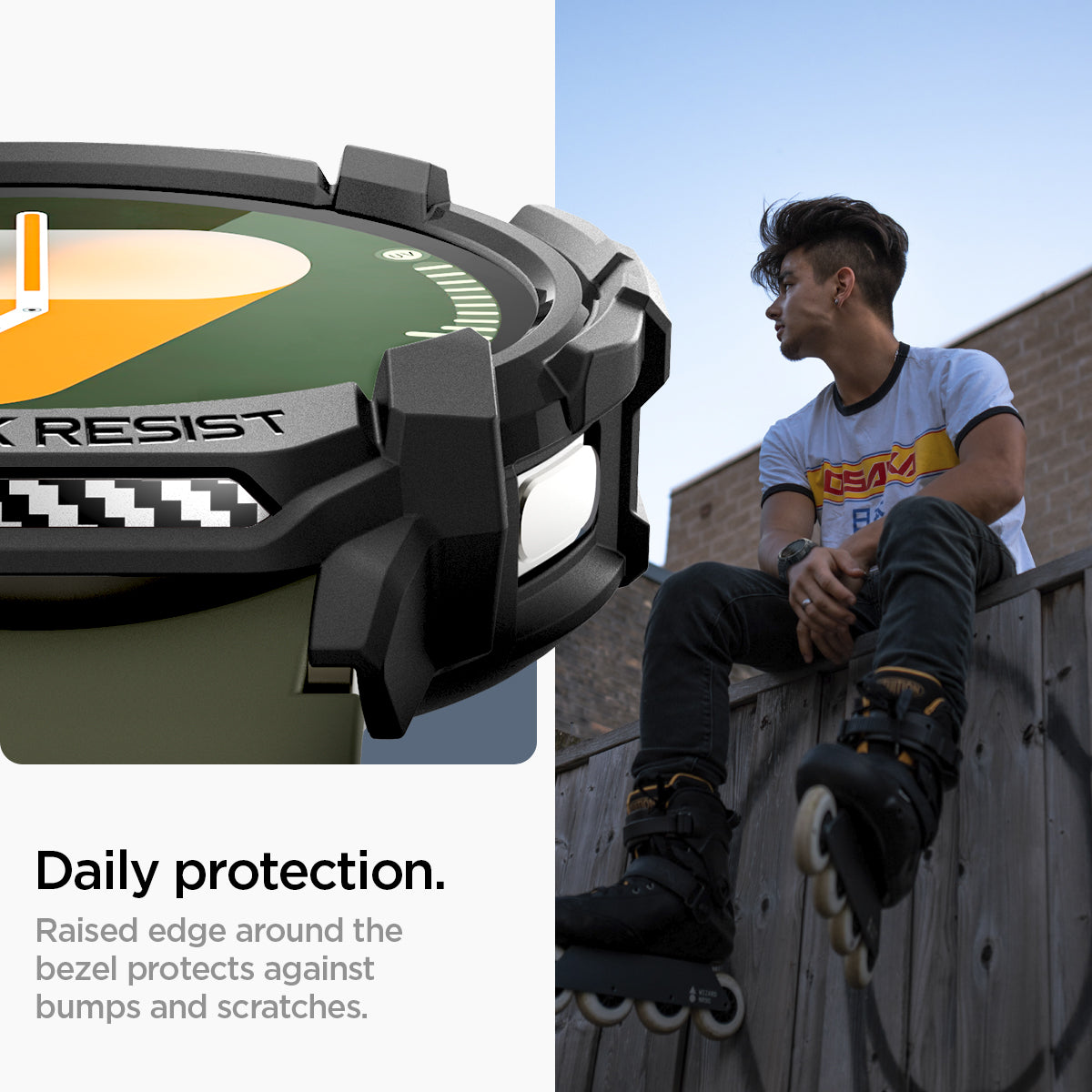 ACS08337 - Galaxy Watch 7 (44mm) Rugged Armor in Matte Black daily protection. raised edge around the bezel protects against bumps and scratches.