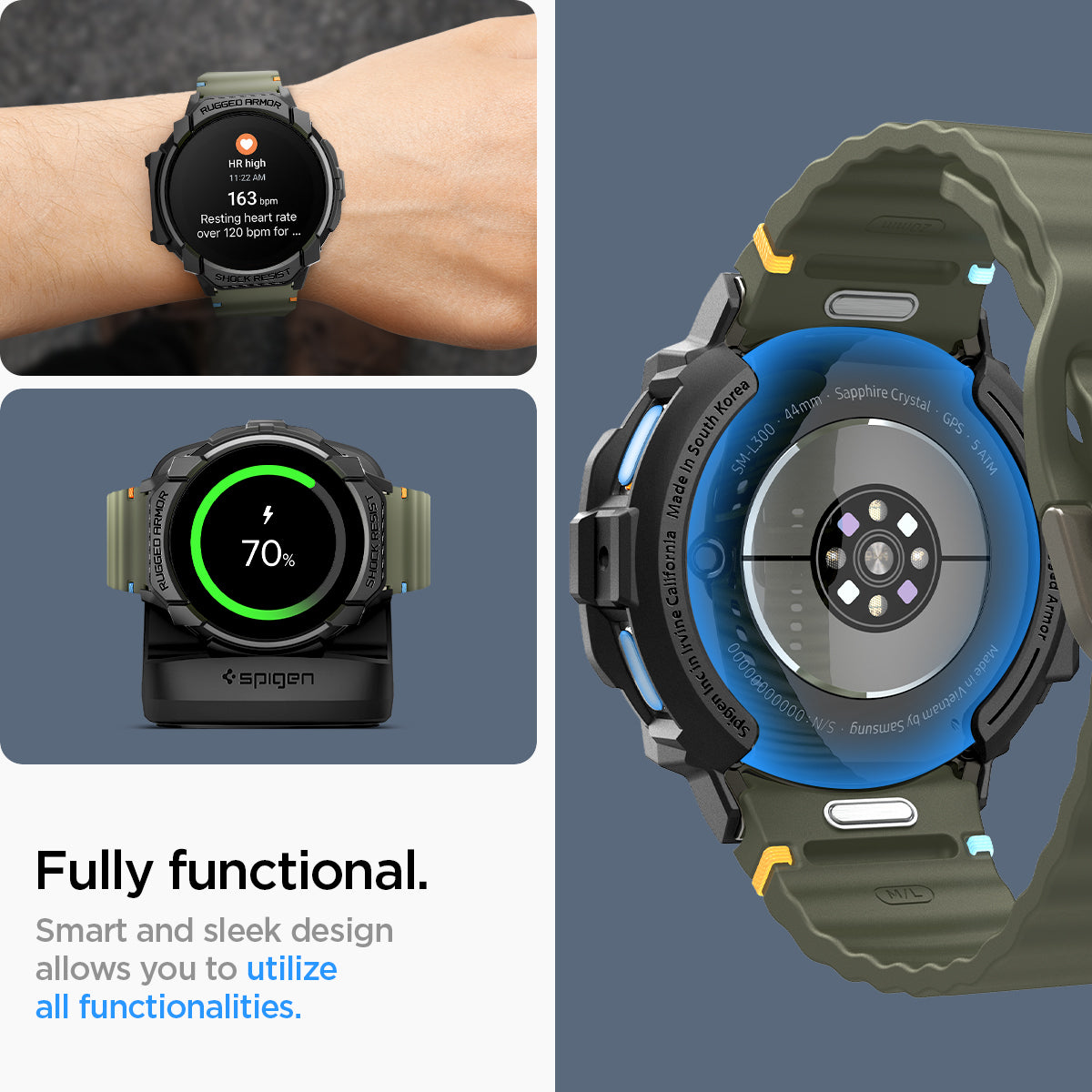 ACS08337 - Galaxy Watch 7 (44mm) Rugged Armor in Matte Black fully functional. smart and sleek design allows you to utilize all functionalities.