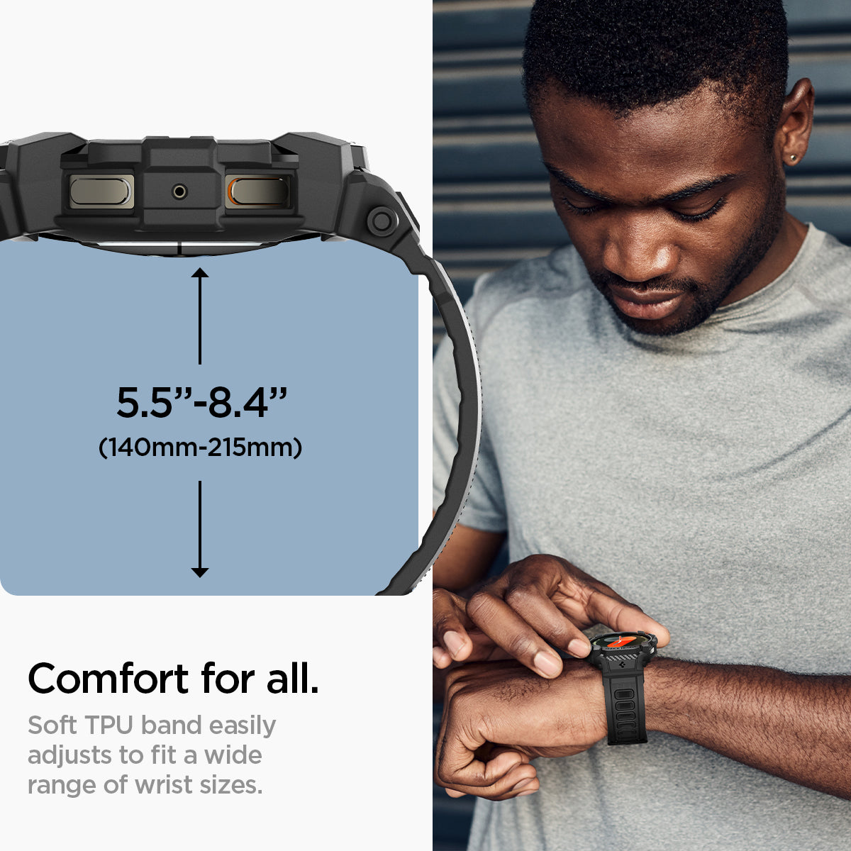 ACS08338 - Galaxy Watch 7 (44mm) Rugged Armor Pro in Matte Black comfort for all. Soft TPU band easily adjusts to fit a wide range of wrist sizes.