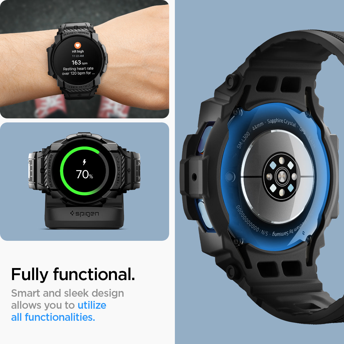 ACS08338 - Galaxy Watch 7 (44mm) Rugged Armor Pro in Matte Black  fully functional. Smart design and sleek design allows you to utilize all functionalities.