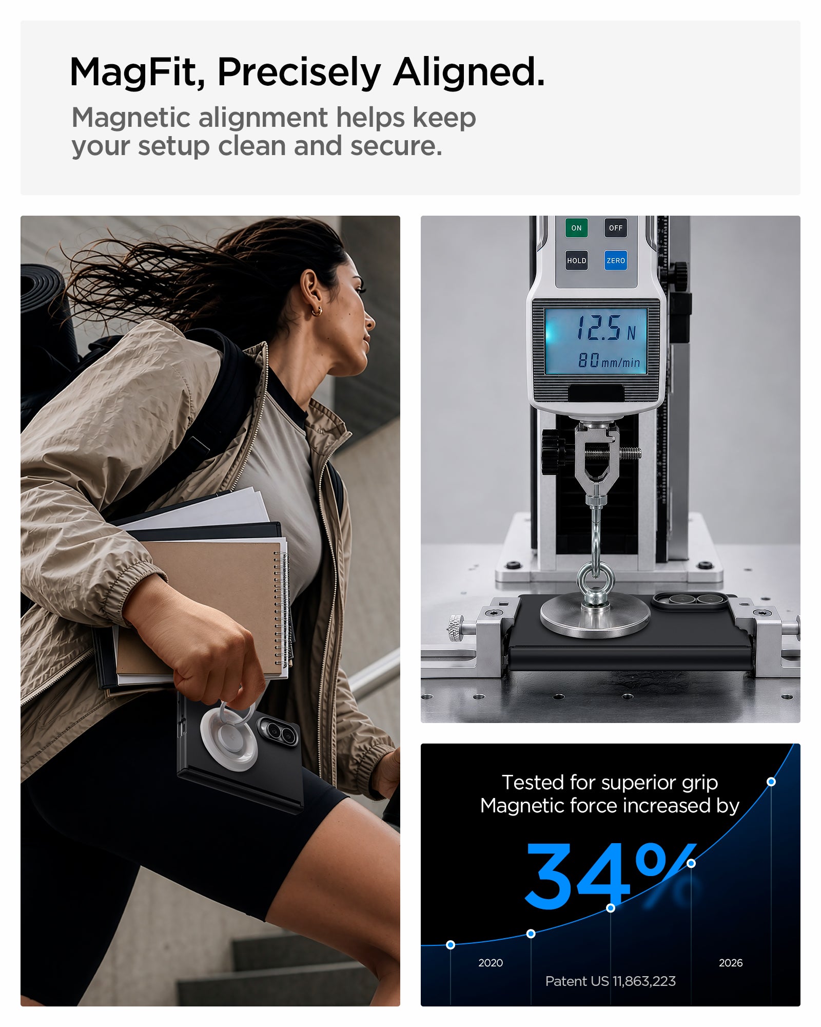 ACS11559 - Galaxy Z Fold 8 Air Fit Pro (Mag Fit) Black showing the "MagFit, Precisely Aligned" graphic, with a lifestyle photo of a person holding the phone and books, alongside a lab image measuring magnetic force at 12.5N