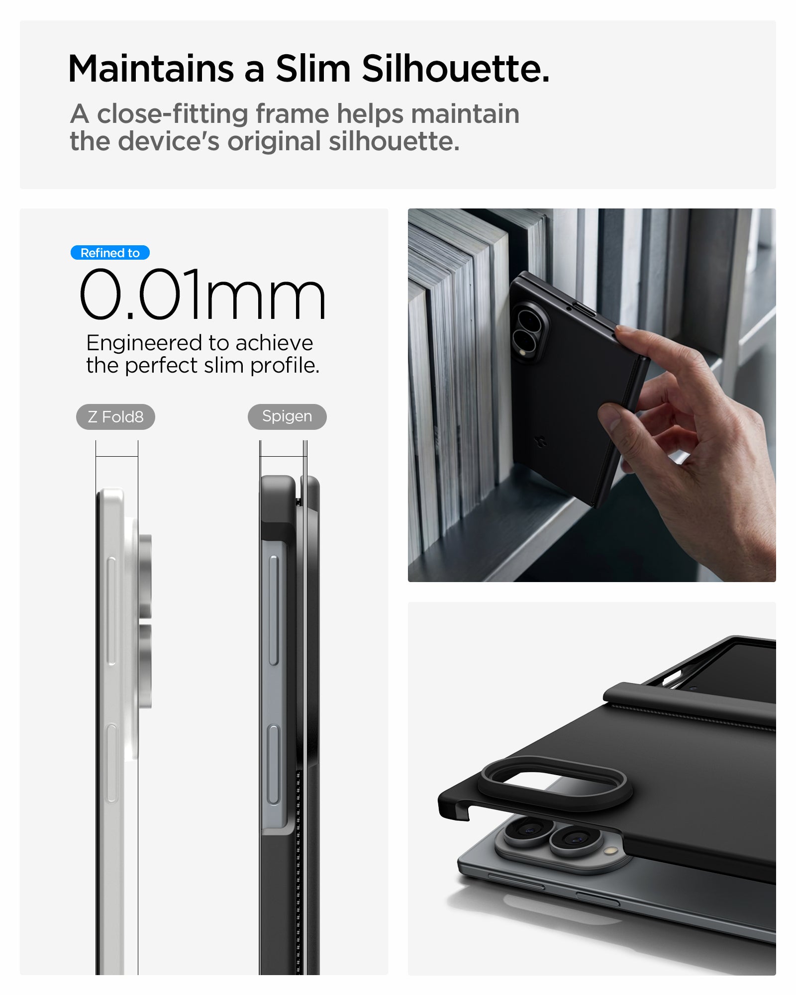 ACS11559 - Galaxy Z Fold 8 Air Fit Pro (Mag Fit) Black showing the "Maintains a Slim Silhouette" graphic, comparing the side profile thickness of the bare Z Fold8 and the Spigen-cased version at 0.01mm difference, alongside a hand placing the case on a bookshelf 