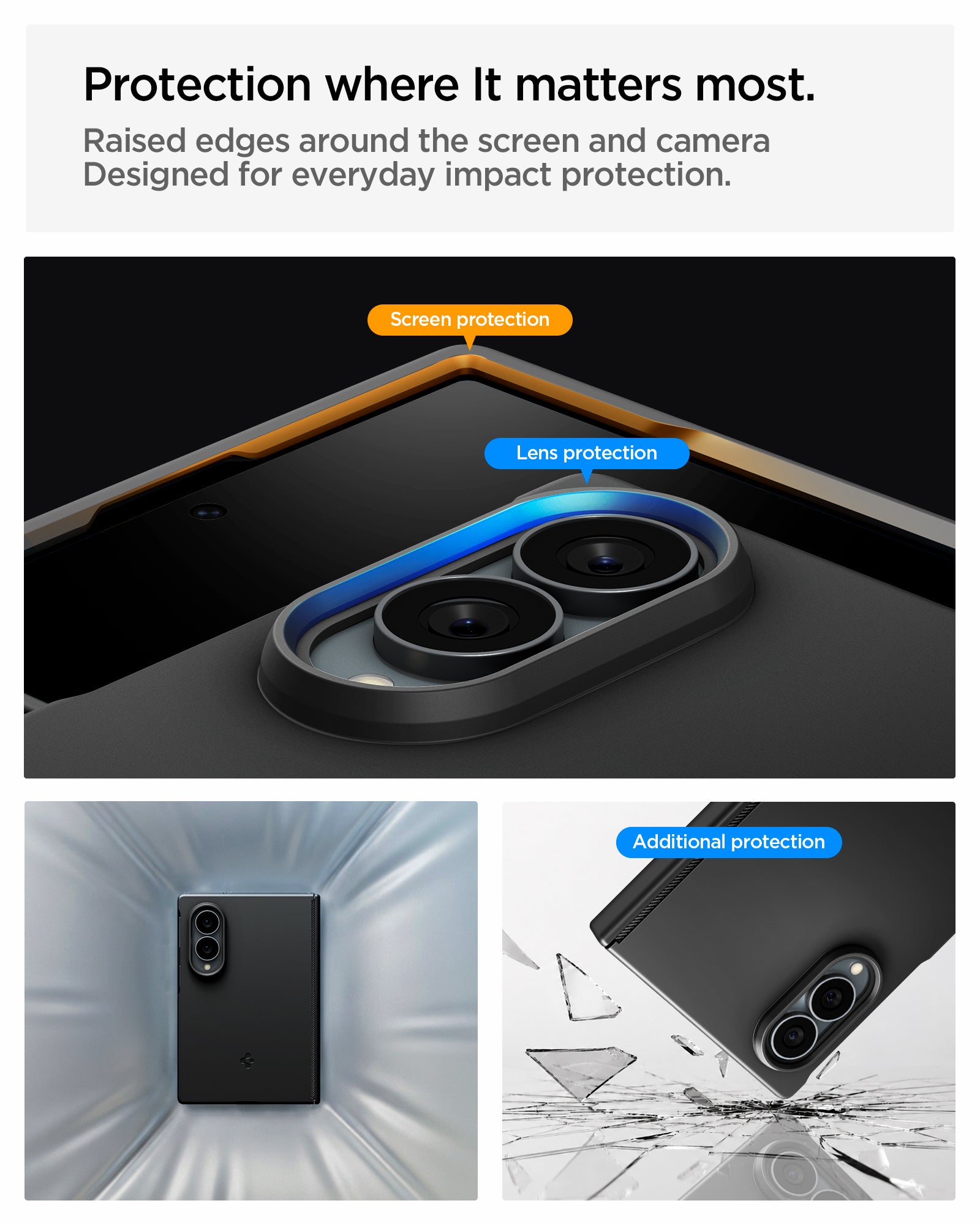 ACS11559 - Galaxy Z Fold 8 Air Fit Pro (Mag Fit) Black showing the "Streamlined Hinge Protection" graphic, illustrating magnetic hinge control with magnetic field visualization, a close-up of the hinge's corner opening, and a hinge durability test setup