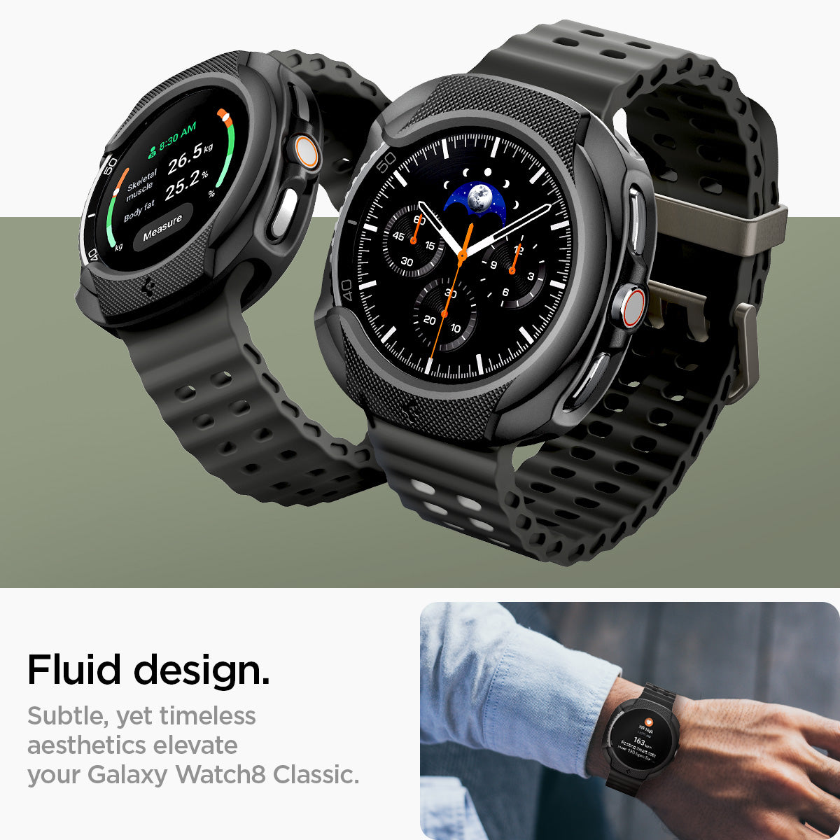 ACS09841 - Galaxy Watch 8 46mm Liquid Air showing front and side angles with lifestyle shot of man wearing the cased watch on wrist