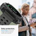ACS09841 - Galaxy Watch 8 46mm Liquid Air showing raised edge protection detail with lifestyle shot of woman wearing the cased watch outdoors
