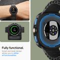 ACS09841 - Galaxy Watch 8 46mm Liquid Air showing fully functional button and sensor access with wrist shot and charging dock compatibility