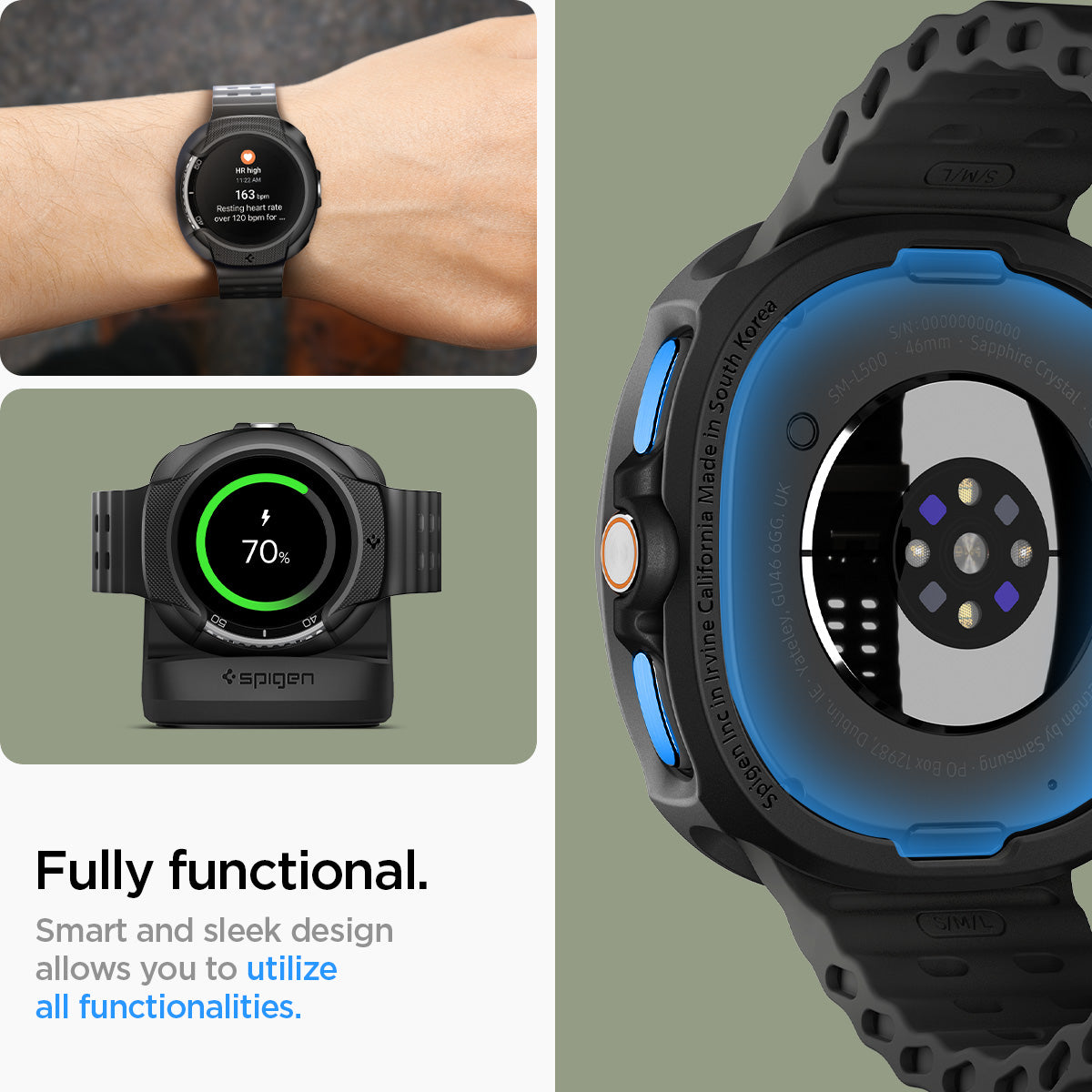 ACS09841 - Galaxy Watch 8 46mm Liquid Air showing fully functional button and sensor access with wrist shot and charging dock compatibility