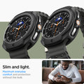 ACS09841 - Galaxy Watch 8 46mm Liquid Air showing slim profile from two angles with lifestyle shot of man wearing the cased watch