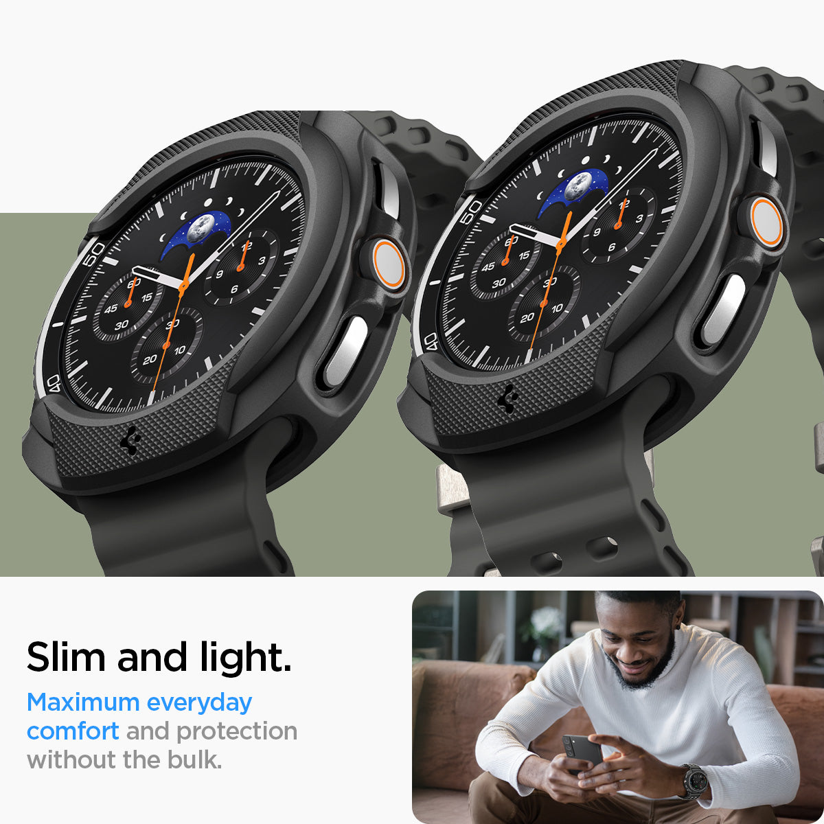 ACS09841 - Galaxy Watch 8 46mm Liquid Air showing slim profile from two angles with lifestyle shot of man wearing the cased watch