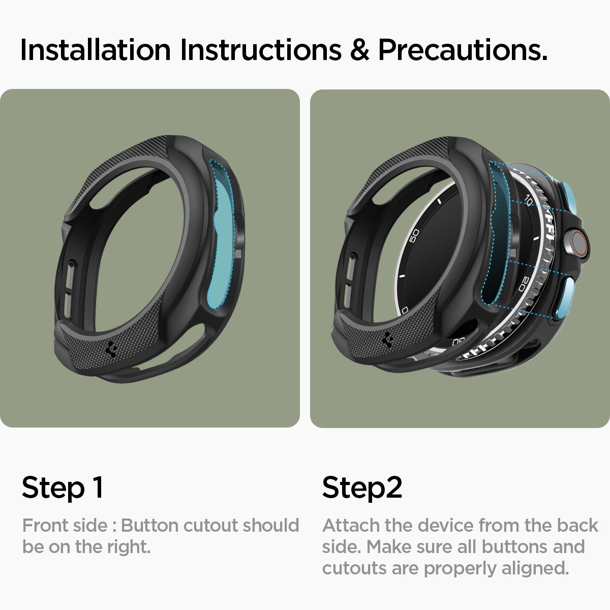 ACS09841 - Galaxy Watch 8 46mm Liquid Air showing two-step installation instructions with front and back alignment guides