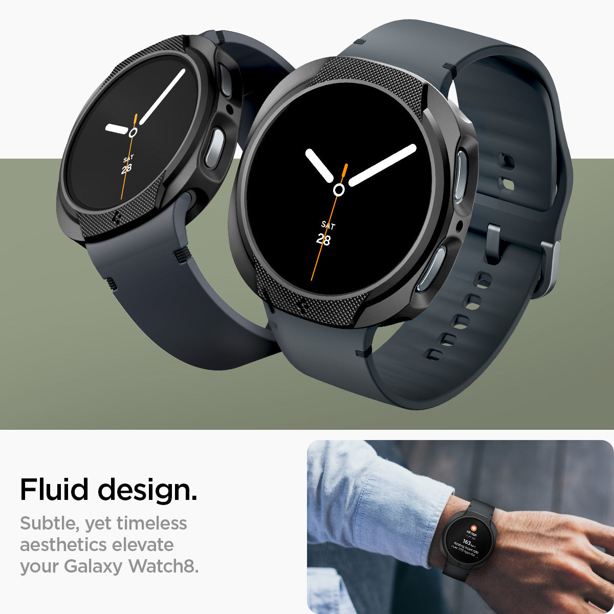 ACS09839 - SWi-dj Liquid Air showing front and side angles with lifestyle shot of man wearing the cased watch on wrist